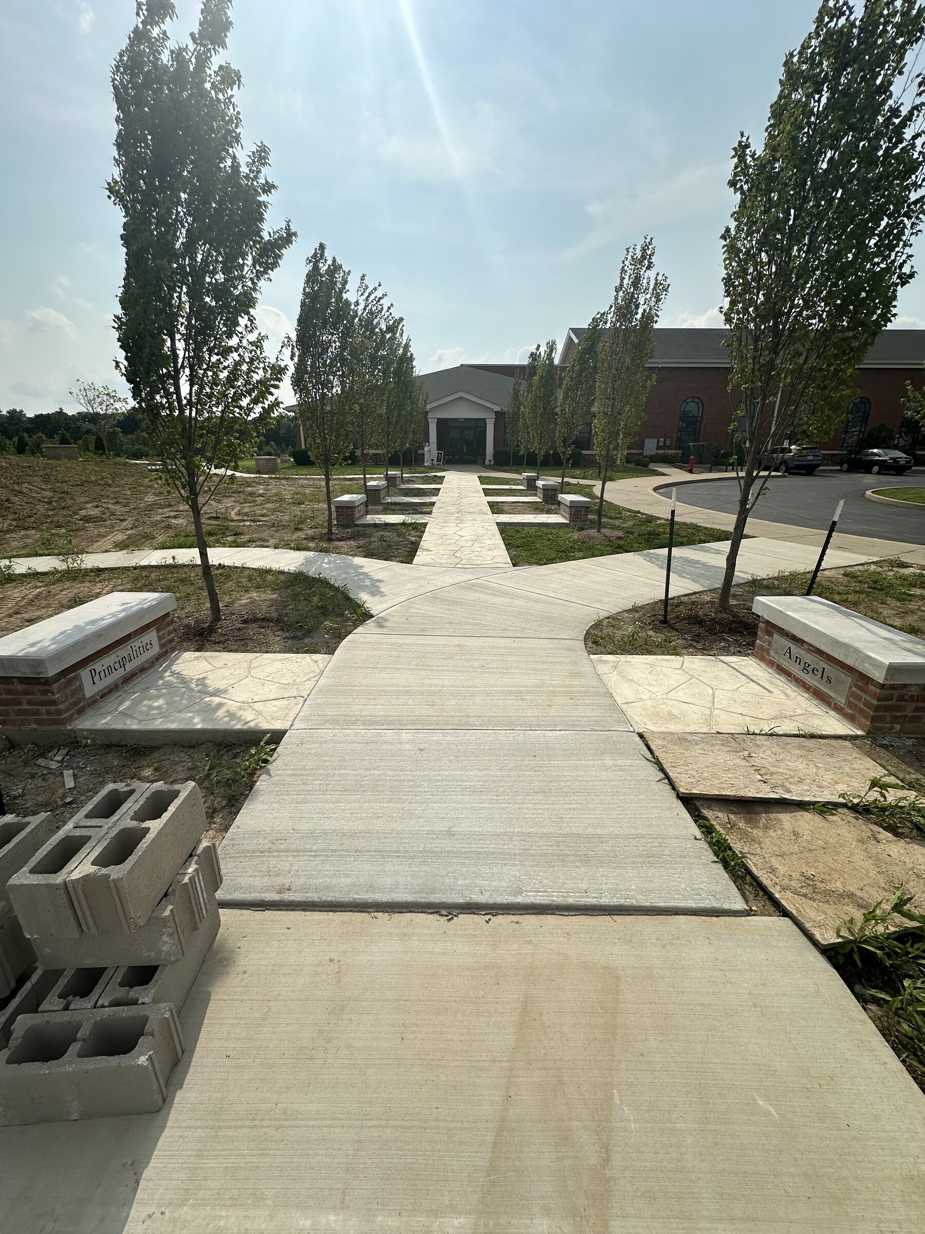 Commercial brick courtyard and masonry seat walls